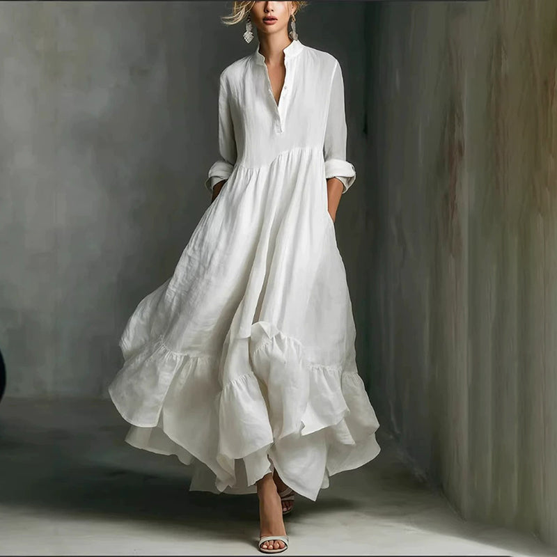 Cardydony Women's Flowy Solid Color Buttons Linen Blend Maxi Bud Dress