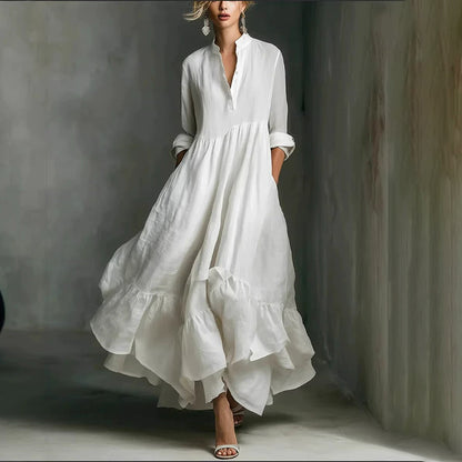 Cardydony Women's Flowy Solid Color Buttons Linen Blend Maxi Bud Dress
