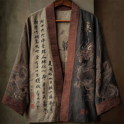 Cardydony Japanese Dragons & Calligraphy Contrast Linen Kimono