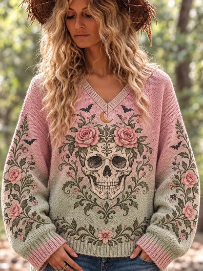Cardydony Women's Floral Skull V-neck Knit Sweater