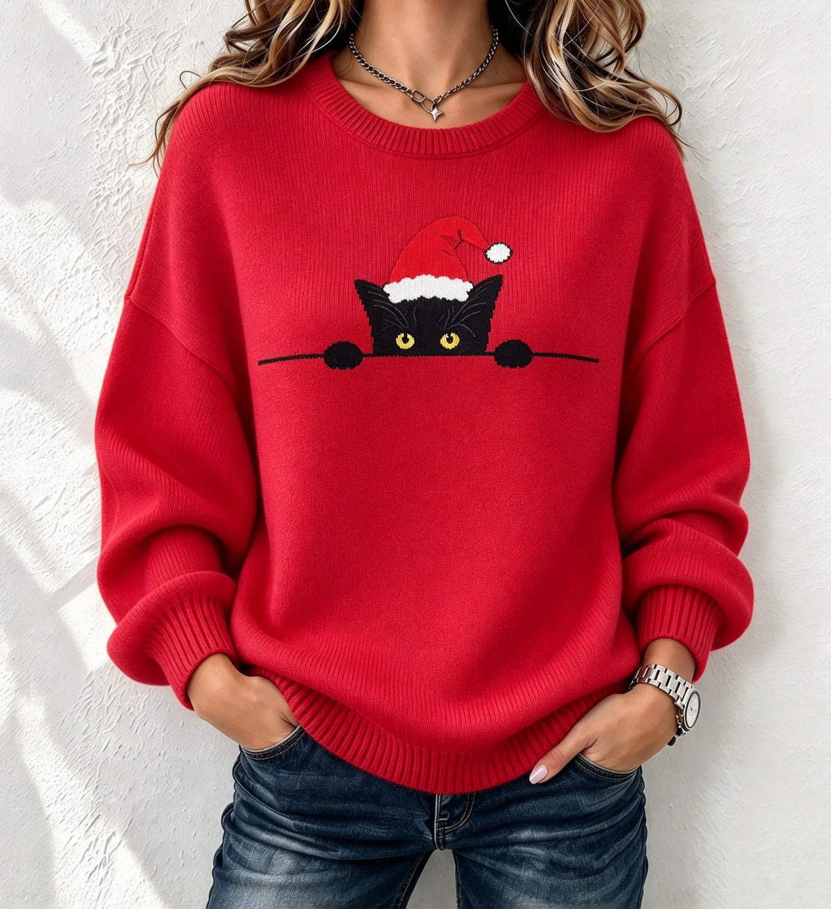 Cardydony Women's Vintage Christmas Cat Knit Sweater