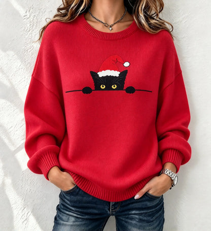 Cardydony Women's Vintage Christmas Cat Knit Sweater
