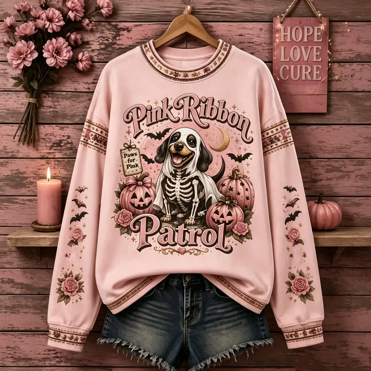 Cardydony Women's Retro Halloween Breast Cancer Awareness Puppy Letter Print Crew Neck Sweatshirt