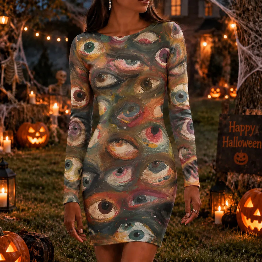 Cardydony Women's Halloween Horror Eye Print Crew Neck Slim Fit Dress
