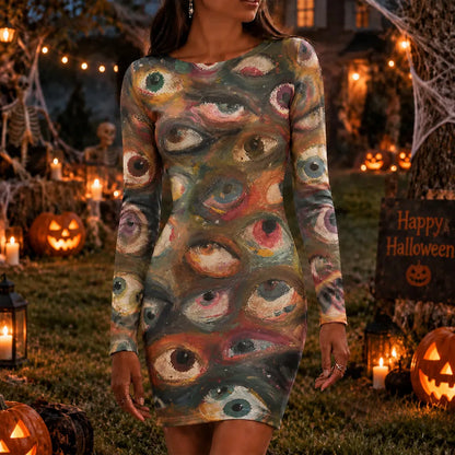 Cardydony Women's Halloween Horror Eye Print Crew Neck Slim Fit Dress