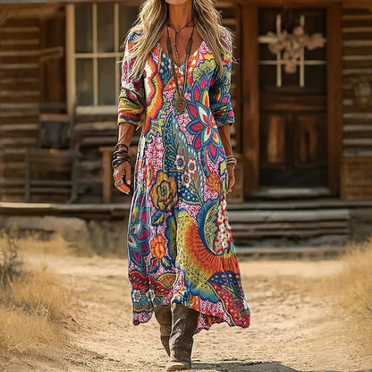 Cardydony Women Floral V Neck Printing Vintage Spring/fall Daily Maxi H-line Dress