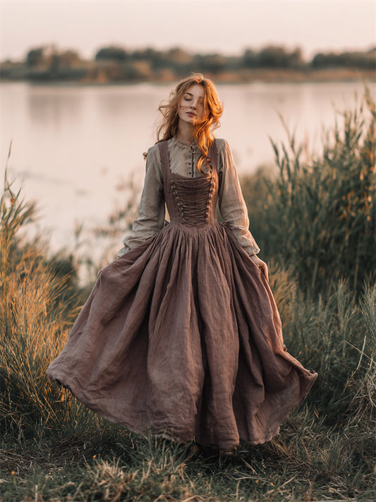 Cardydony Vintage Medieval Corseted Lace Up Linen Maxi Dress