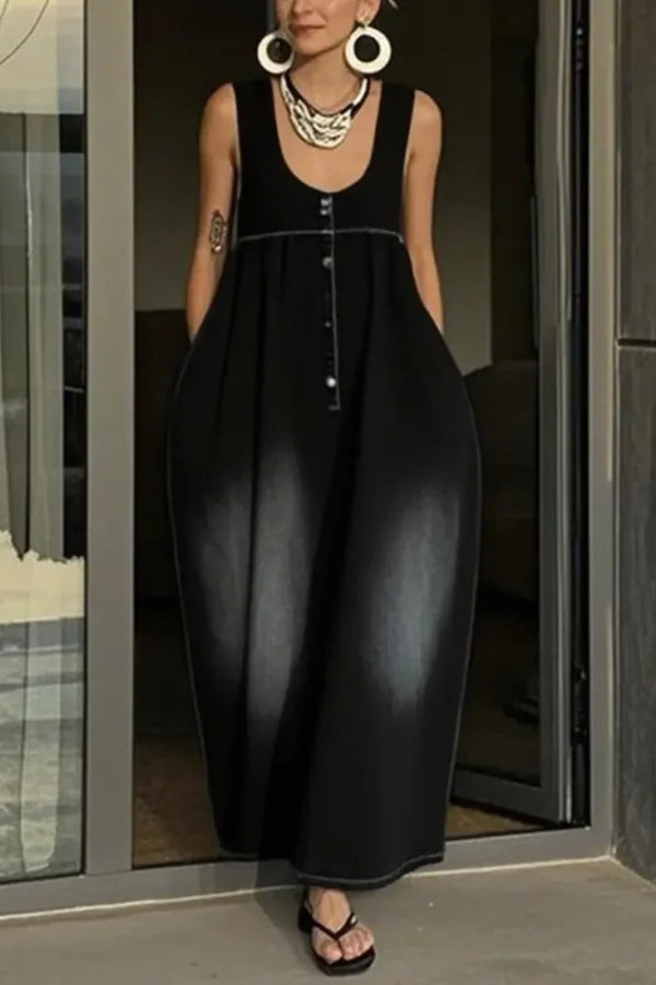 Cardydony Women's Stylish Sleeveless Loose-fitting Pocket Casual Denim Maxi Dress