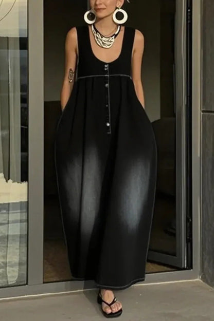 Cardydony Women's Stylish Sleeveless Loose-fitting Pocket Casual Denim Maxi Dress