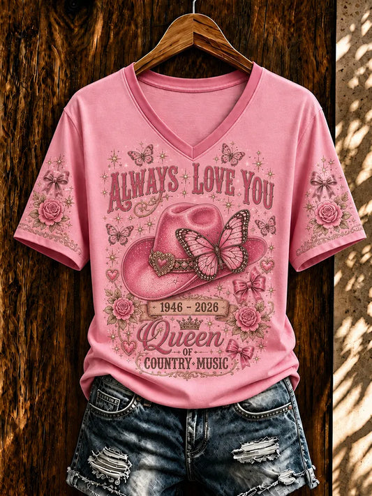 Cardydony Women's Vintage Queen Of Country Music Forever And Always Memorial Art Printed Casual Short-sleeve T-shirt