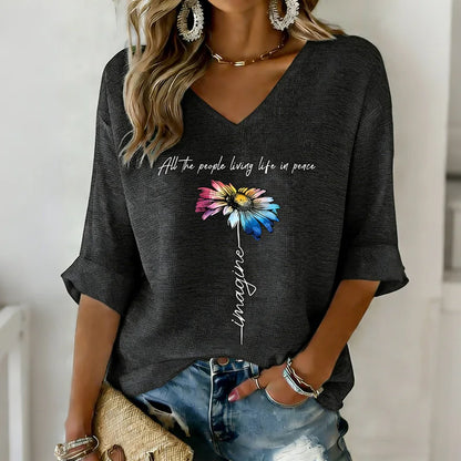 Cardydony Imagine All The People Living Life In Peace Cotton Linen Long-sleeve V-neck T-shirt