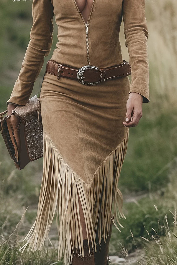 Cardydony Women's Retro Western Style Long-sleeved Fringed Hem Suede Midi Dress