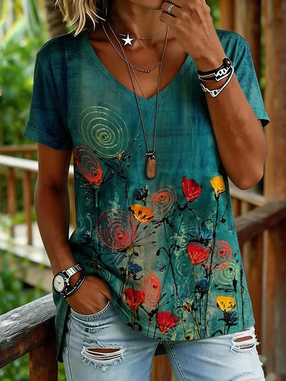 Cardydony Women's Floral Art Print Short Sleeve V Neck Tshirt