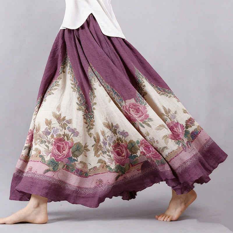 Cardydony Women's Vintage Bohemian Rose Floral Pattern Linen Skirt