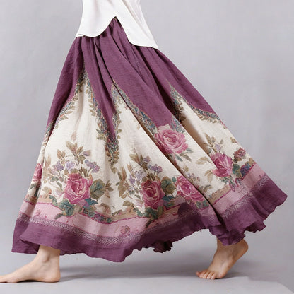 Cardydony Women's Vintage Bohemian Rose Floral Pattern Linen Skirt