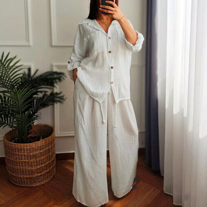 Cardydony Casual Loose Linen Solid Color Shirt Wide-leg Pants Two-piece Set