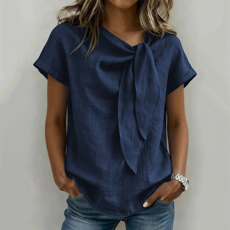 Cardydony Casual Short Sleeves Lace Up Linen T-shirt