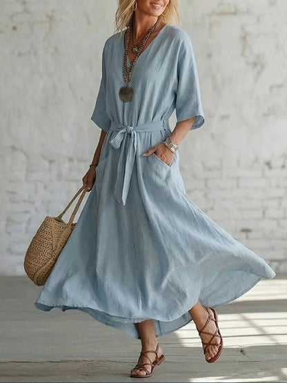 Cardydony Women's Elegant V-neck Tie Design Linen-cotton Maxi Dress