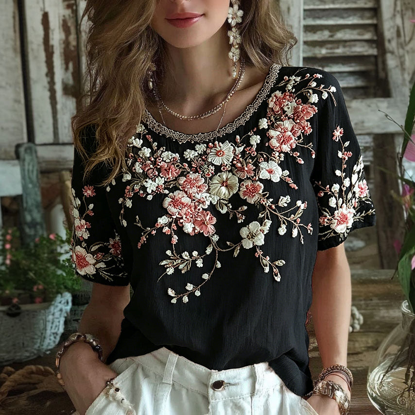Cardydony Women's Floral Art Embroidery Cotton Linen T-shirt