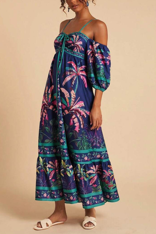 Cardydony Women's  Coconut Tree Print Off-shoulder Half Sleeve Casual Vacation Maxi Dress