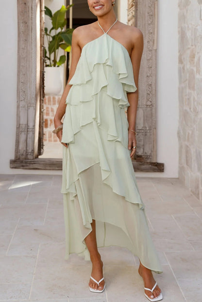 Cardydony Women's Solid Color Chiffon Halter Neck Elegant Ruffle Maxi Dress
