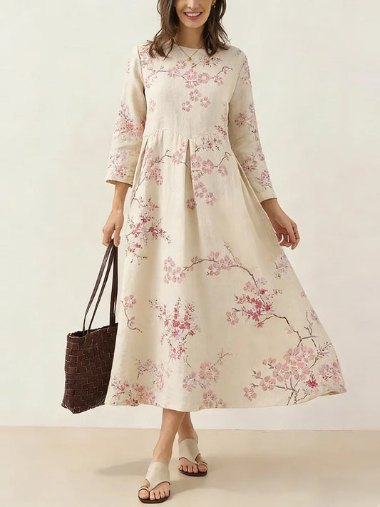 Cardydony Japanese Retro Cherry Blossom Print Art Comfy Maxi Dress