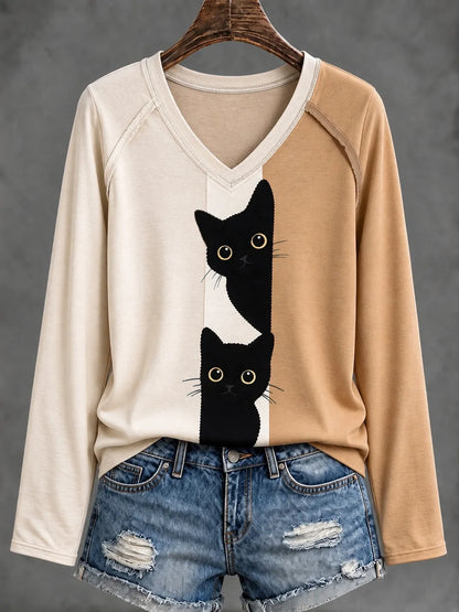 Cardydony Women's Cute Peeking Black Cat Abstract Art Print Casual Long-sleeve T-shirt