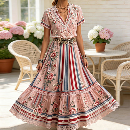 Cardydony Boho Floral Embroidered Maxi Dress - Patriotic Stripes Lace Trim Tiered Dress