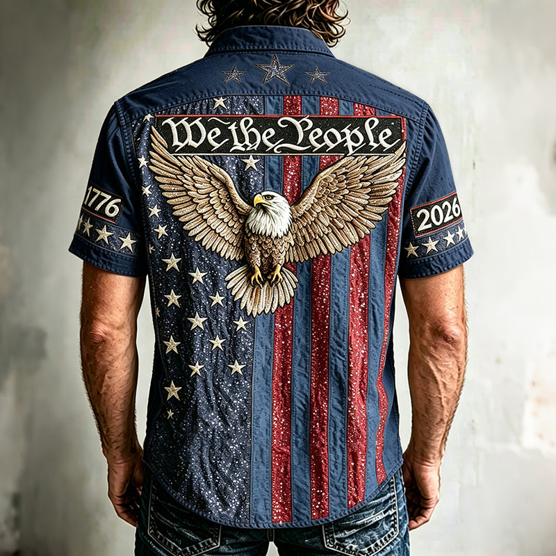 Cardydony Men's Vintage Independence Day And Eagle Print Short-sleeve Shirt