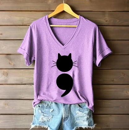 Cardydony Women's Survivor Cat Semicolon Mental Health Graphic Print Short Sleeve T-shirt