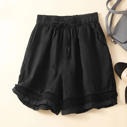 Cardydony Women's Retro Solid Color Lace Elastic Waist Cotton And Linen Shorts