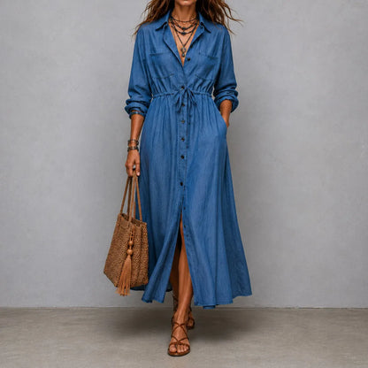 Cardydony Elegant Long-sleeved Drawstring Waist Shirt Dress Maxi Dress