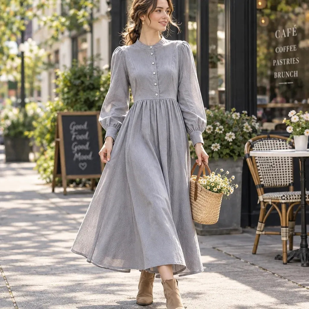 Cardydony Women's Vintage Solid Stand Collar Button Front A-Line Maxi Dress