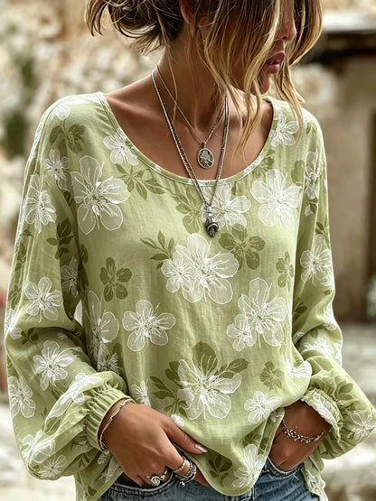 Cardydony Women's Retro Bohemian Floral Print Cotton Linen Top