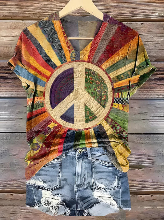 Cardydony Women's Hippie Rainbow Peace Tie-dye Pattern Casual T-shirt