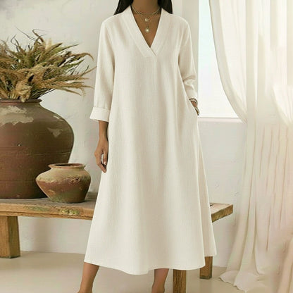 Cardydony Women's Elegant V-neck Linen-cotton Maxi Dress