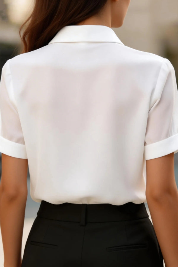 Cardydony Women's  Solid Color Collared Tie Short-sleeved Casual Shirt
