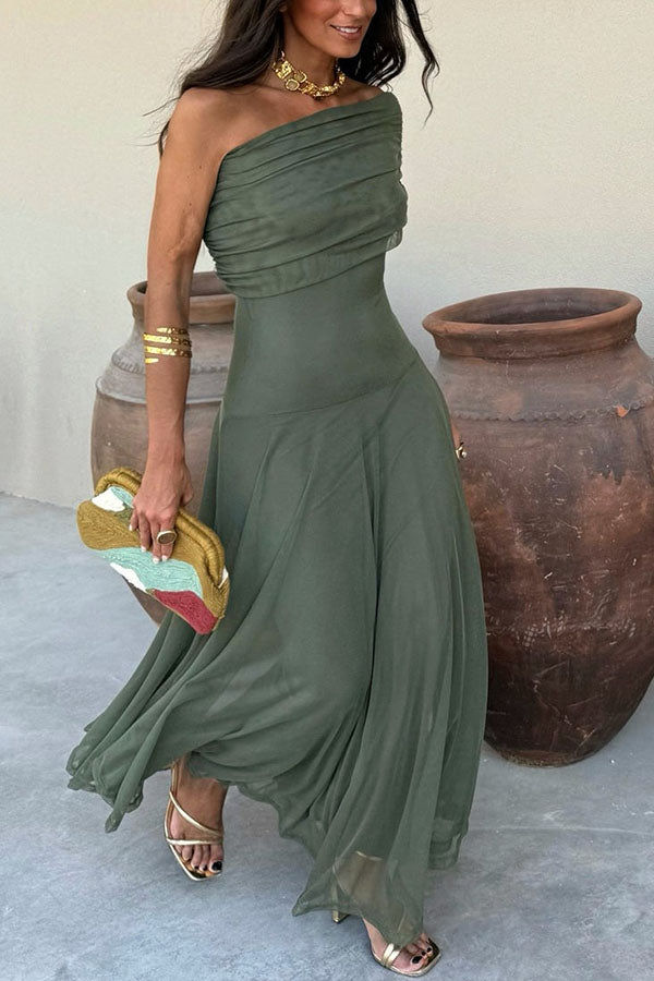 Cardydony Women's In My Arms Mesh Ruched Strapless Paneled Drape Flare Maxi Dress