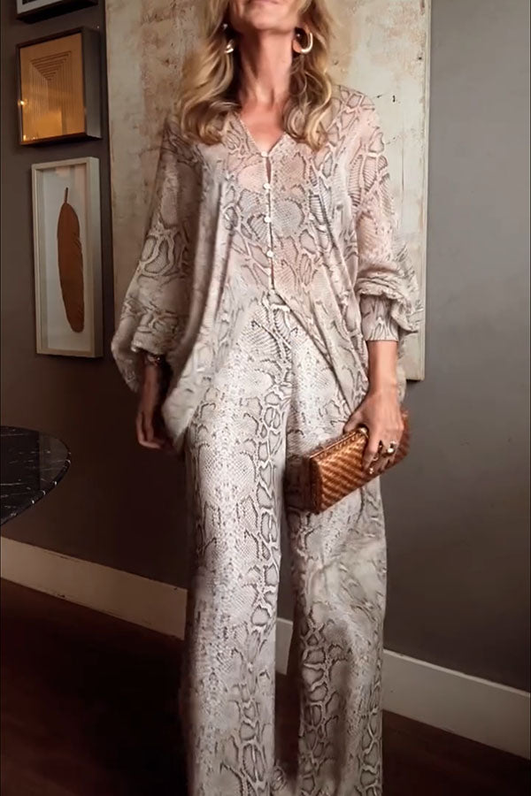 Cardydony Women's Iselle Animal Print Button Up Batwing Sleeve Shirt and Elastic Waist Wide Leg Pants Set