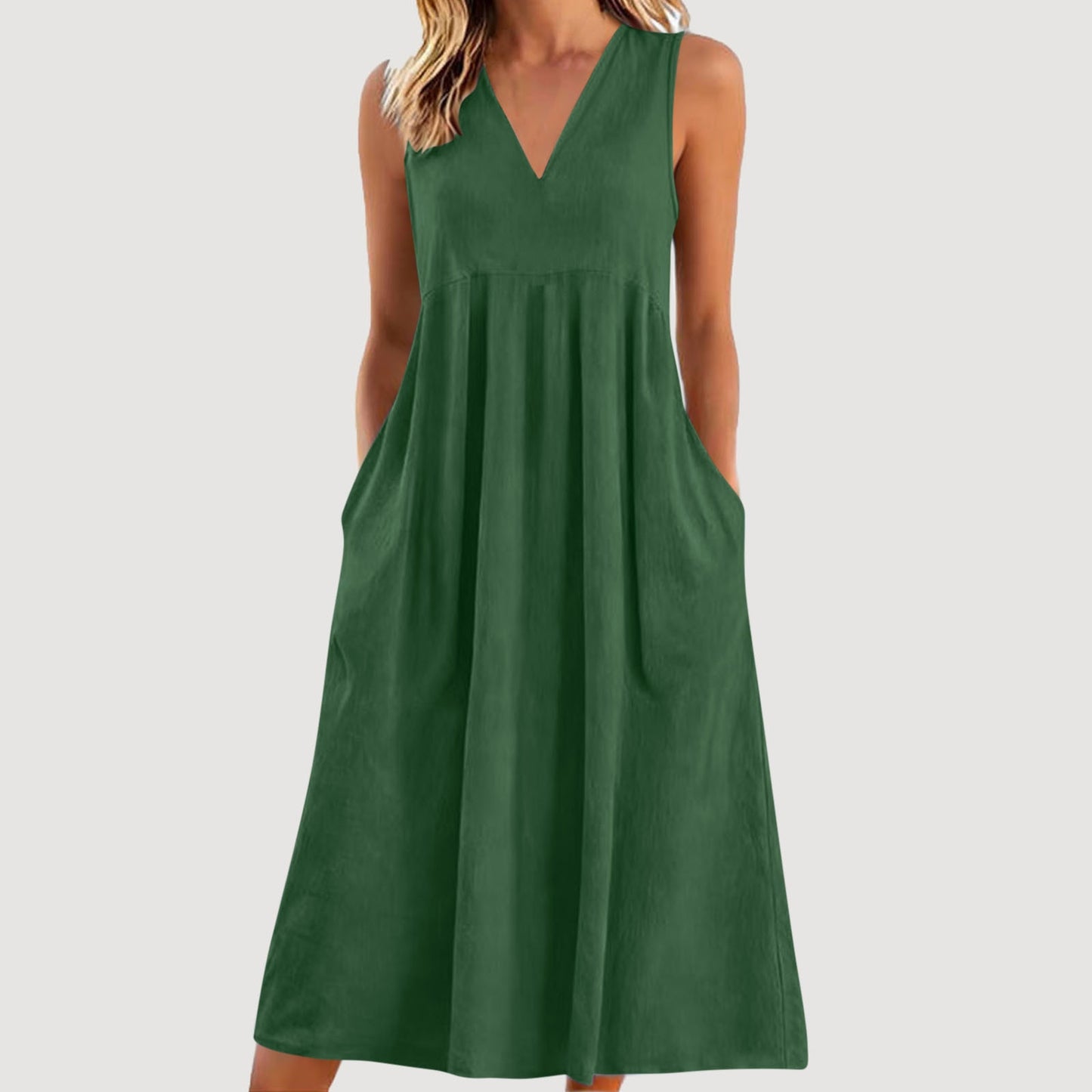 Cardydony Women's Solid Color V-neck Sleeveless Linen Blend Midi Dress