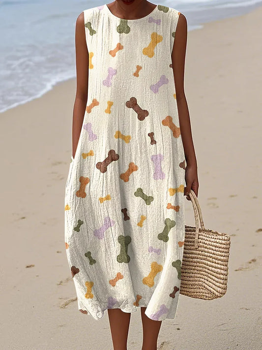 Cardydony Women's Bone Print Linen Blend Tank Midi Dress