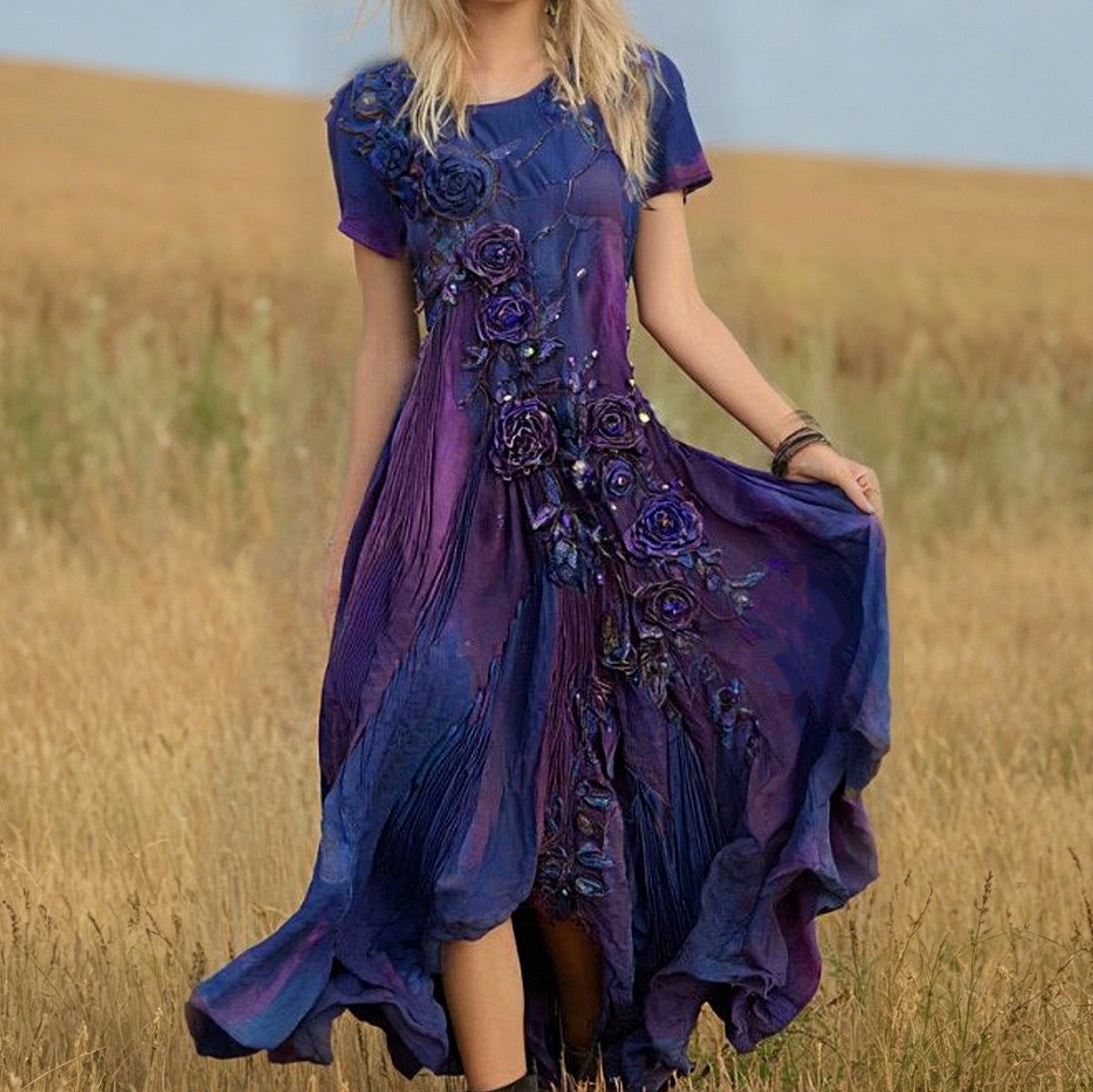 Cardydony Women's Vintage Bohemian Style Rose And Floral Embroidered Dress