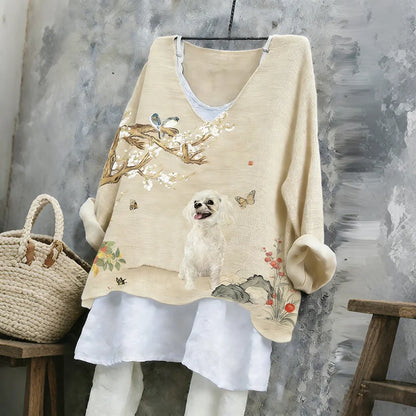 Cardydony Women's Cute Maltese With Floral Ink Art V-neck Linen Blend T-shirt