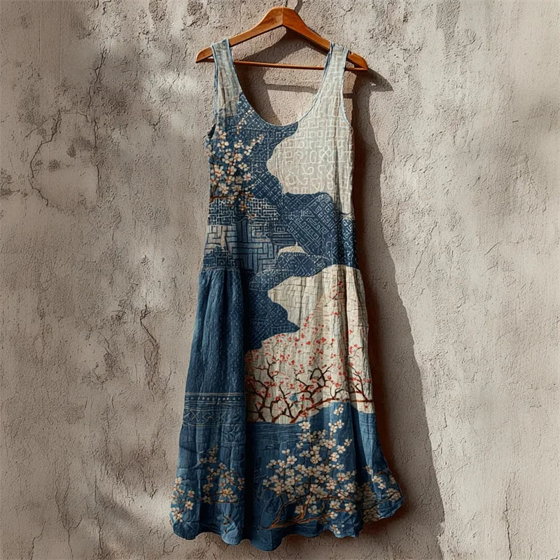 Cardydony Cherry Blossom Sea Waves Japanese Sashiko Art Linen Maxi Dress