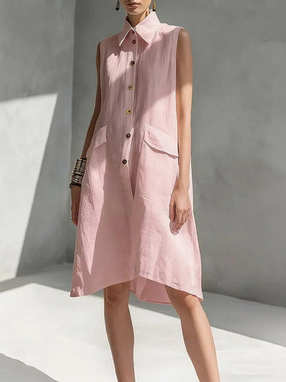 Cardydony Casual Loose-fit Linen Sleeveless Shirt Dress