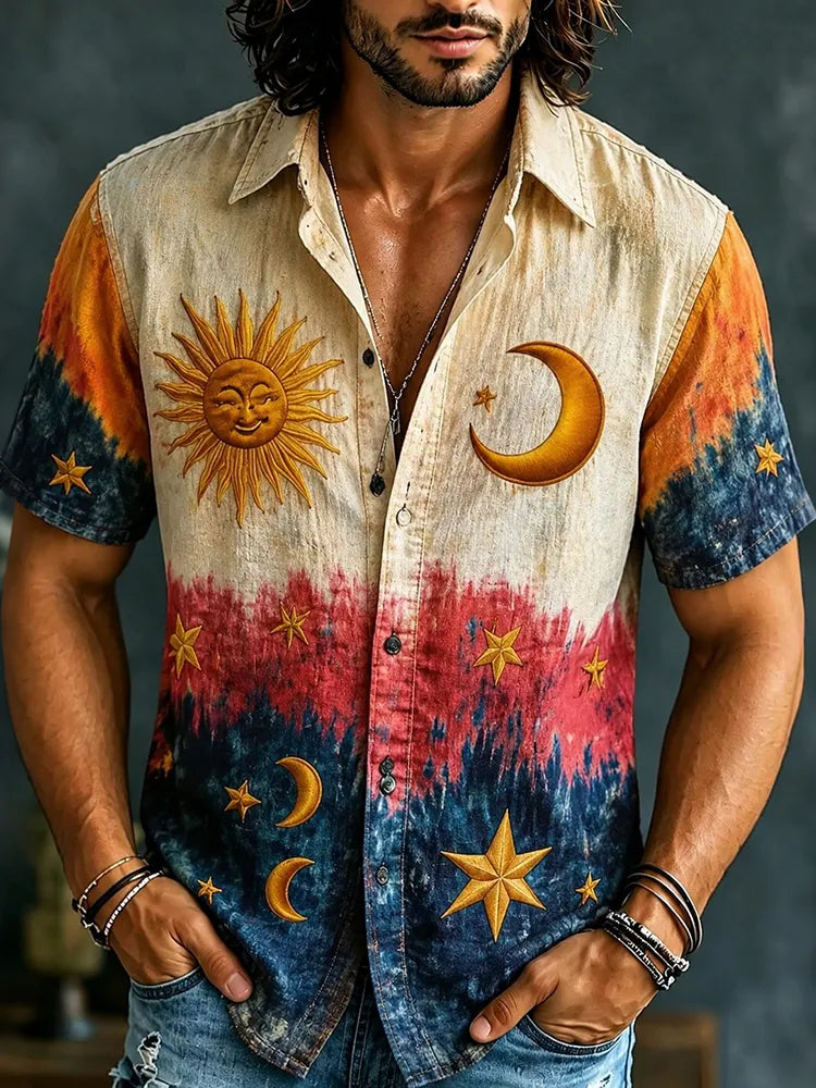 Cardydony Men's Retro Hippie Gradient Pattern Print Short-sleeve Shirt