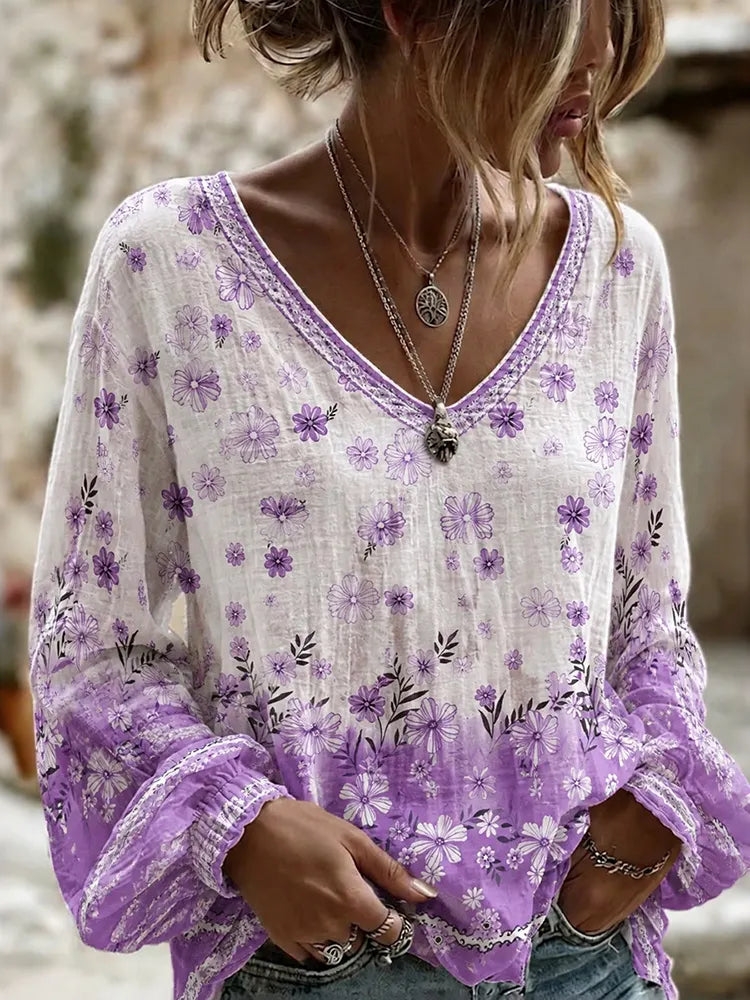 Cardydony Women's Gradient Floral Print Loose Retro Round Neck Long Sleeve T-shirt
