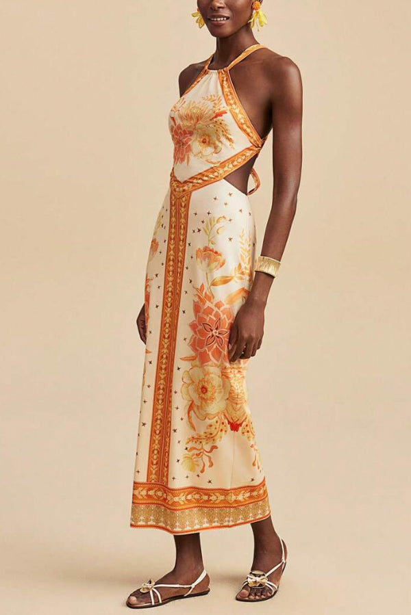 Cardydony Women's  Floral Print Sleeveless Backless Tie Slim-fit Vacation Maxi Dress
