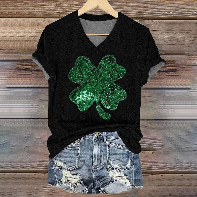 Cardydony Women'S St. Patrick'S Day Sequined Shamrock Art T Shirt