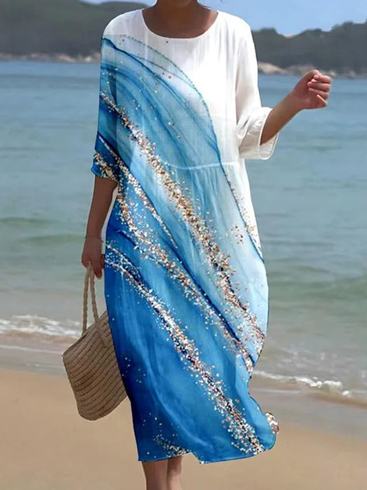 Cardydony Vintage Marble Watercolor Art Pattern Linen Blend Loose Three-quarter Sleeve Dress